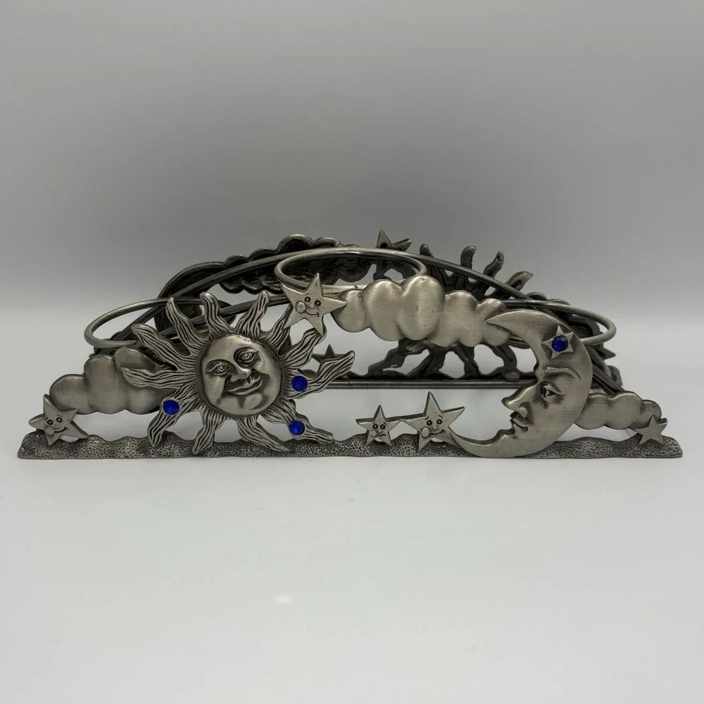 Spontiques Pewter Arch Candle Holder Votive Sun Moon Celestial Blue Rhinestone